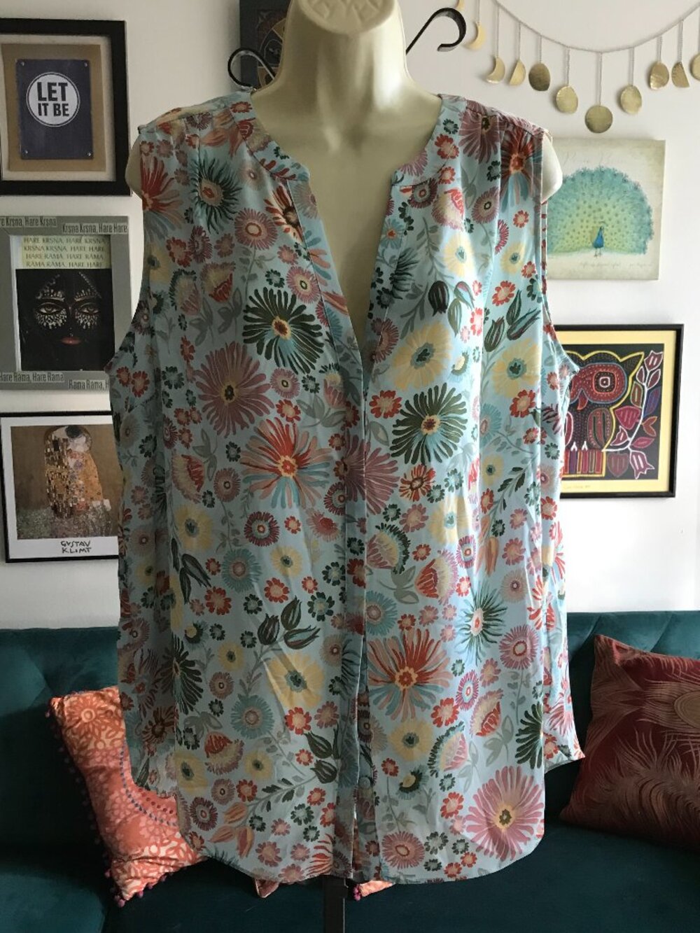 NYDJ size 0X / 1X Aqua Floral Print V-Neck Sleeveless Pintuck Blouse Top NWT